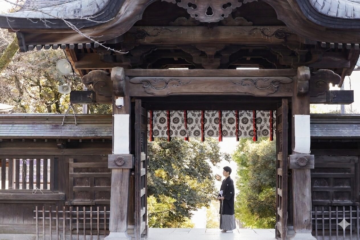 二荒山神社の神門をくぐり黒紋付羽織と縞袴で佇む新成人