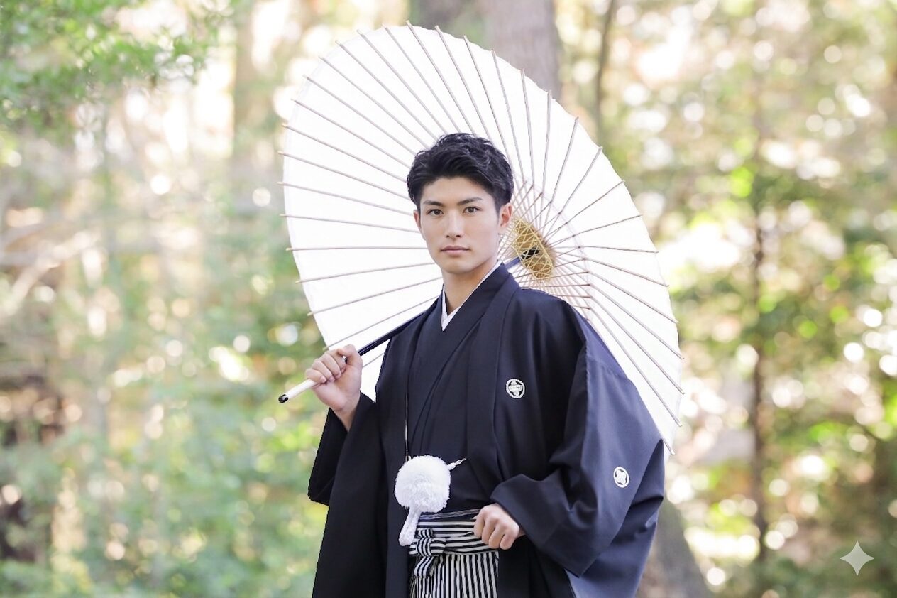 二荒山神社の境内で白い和傘を差す黒紋付羽織と縞袴の男性